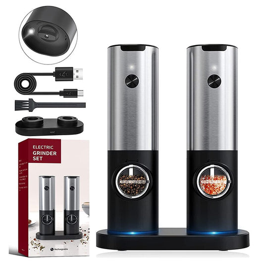 Electric Salt and Pepper Grinder Set - USB Rechargeable With Dual Charging Base - Automatic One Hand Operation - Adjustable Coarseness & LED Light Refillable