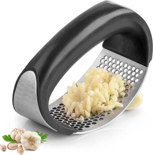 Garlic Press Rocker - Stainless Steel Garlic Mincer Garlic Crusher, New Innovative Garlic Chopper with Peeler and Scraper for Smash Garlic