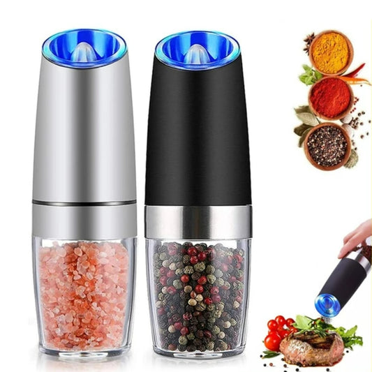 Electric Pepper and Salt Grinder Set, Adjustable Coarseness, Battery Powered with LED Light, One Hand Automatic Operation, Stainless Steel Black